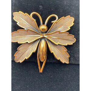 Vintage Copper Bell  Butterfly Brooch With Leaf Wing Design And Textured Details